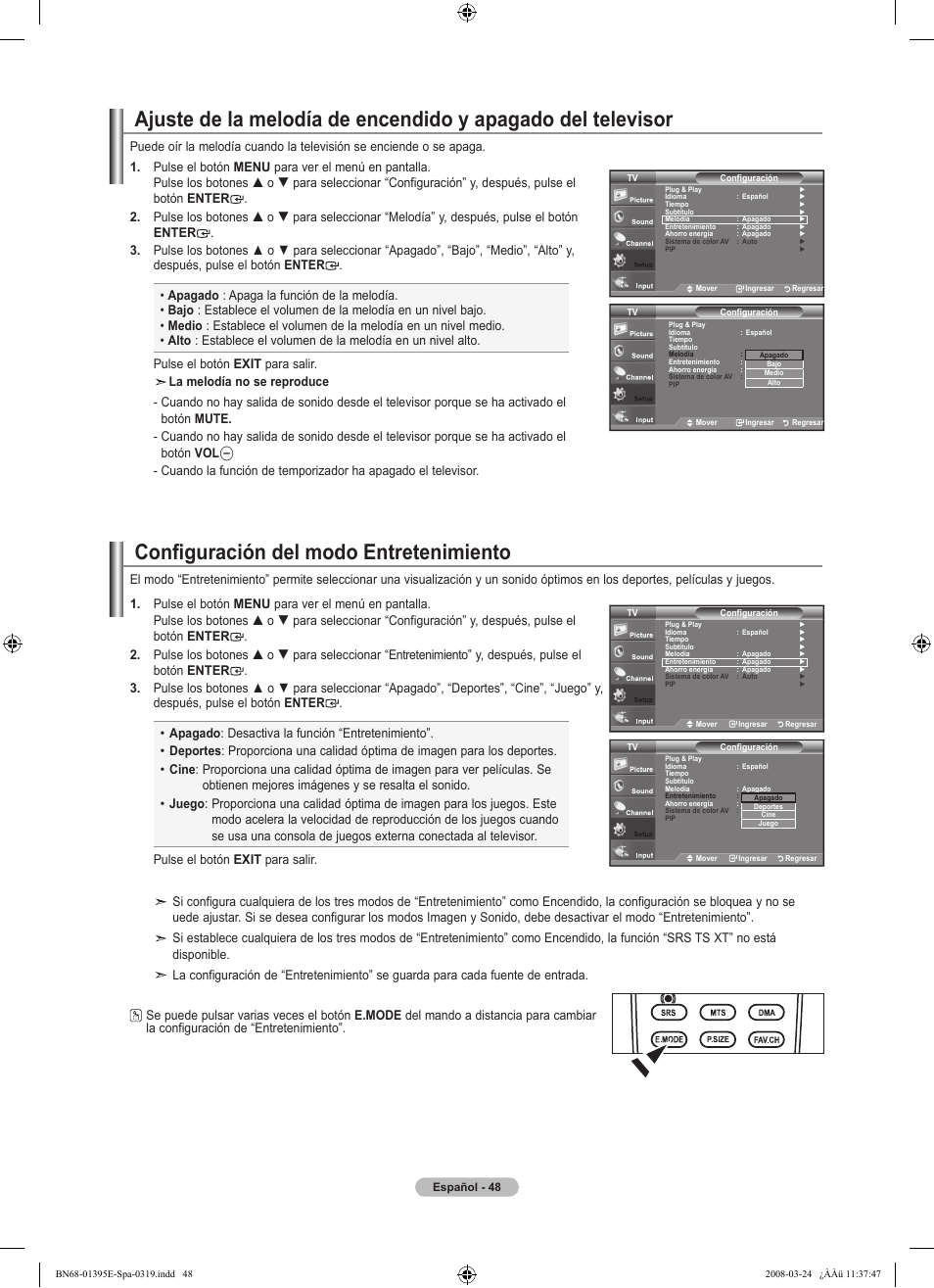 Configuración del modo entretenimiento | Samsung LN37A450C1XZP User Manual | Page 112 / 125