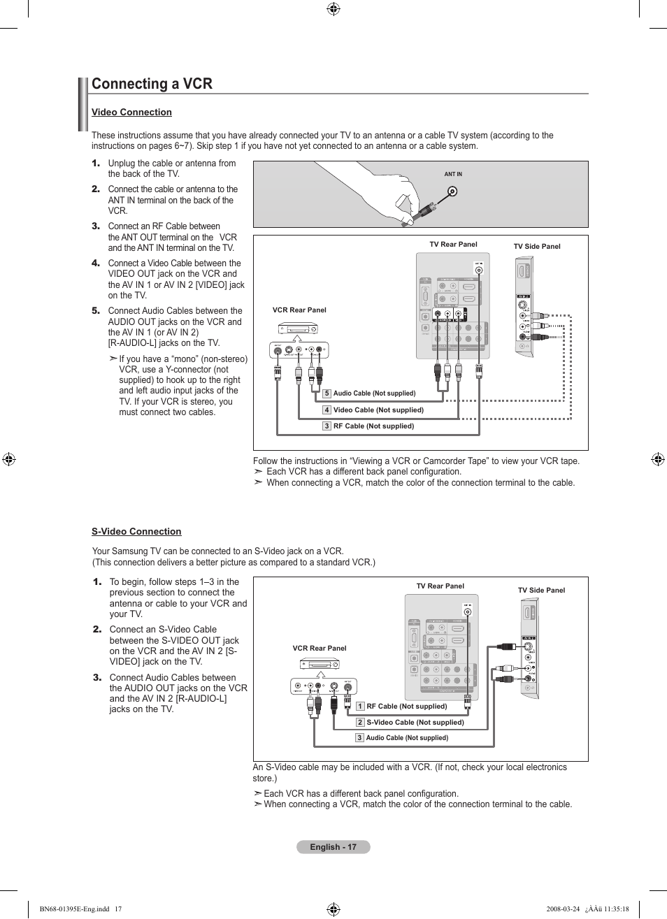 Connecting a vcr | Samsung LN37A450C1XZP User Manual | Page 19 / 125