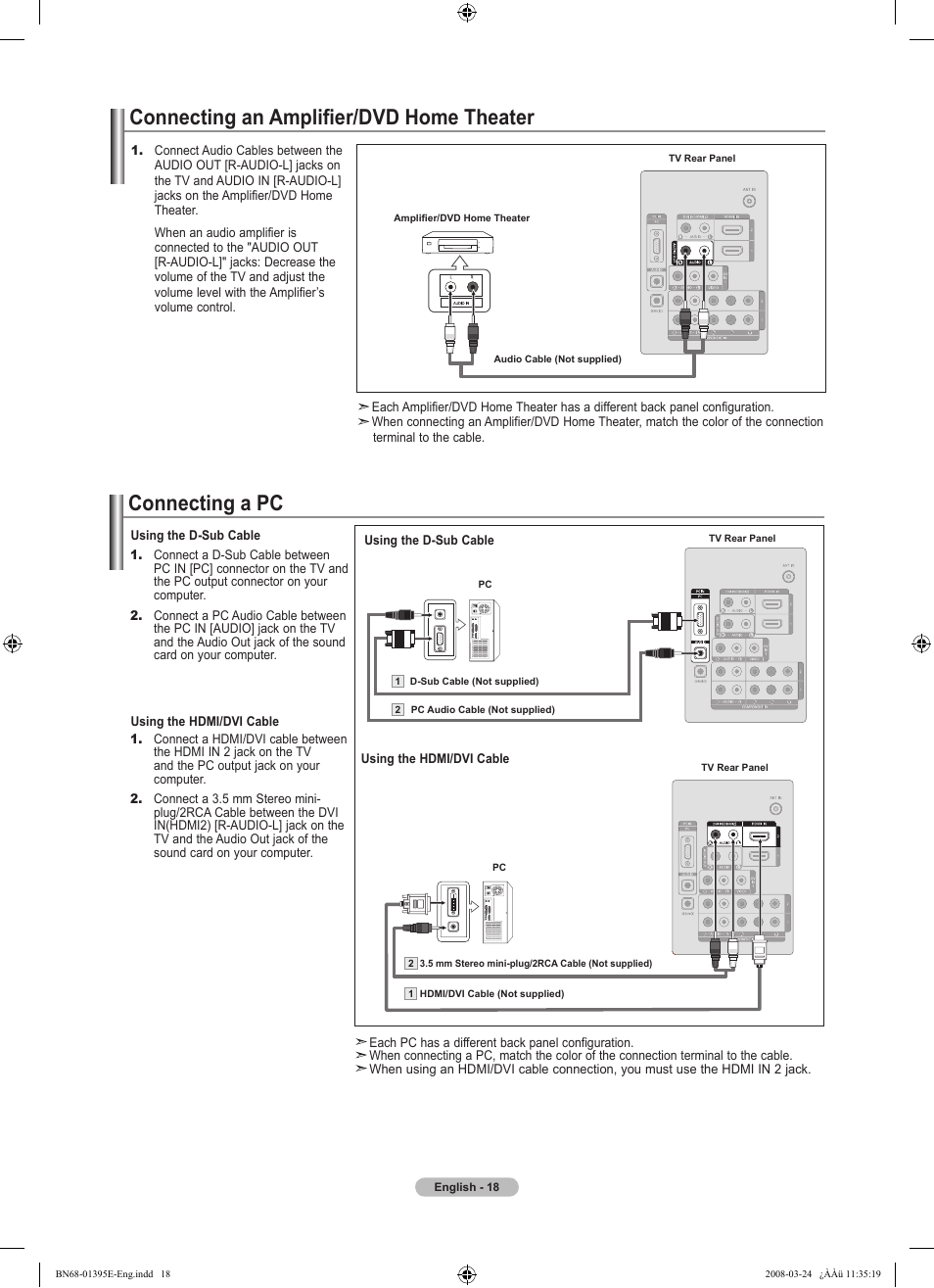 Connecting an amplifier/dvd home theater, Connecting a pc | Samsung LN37A450C1XZP User Manual | Page 20 / 125