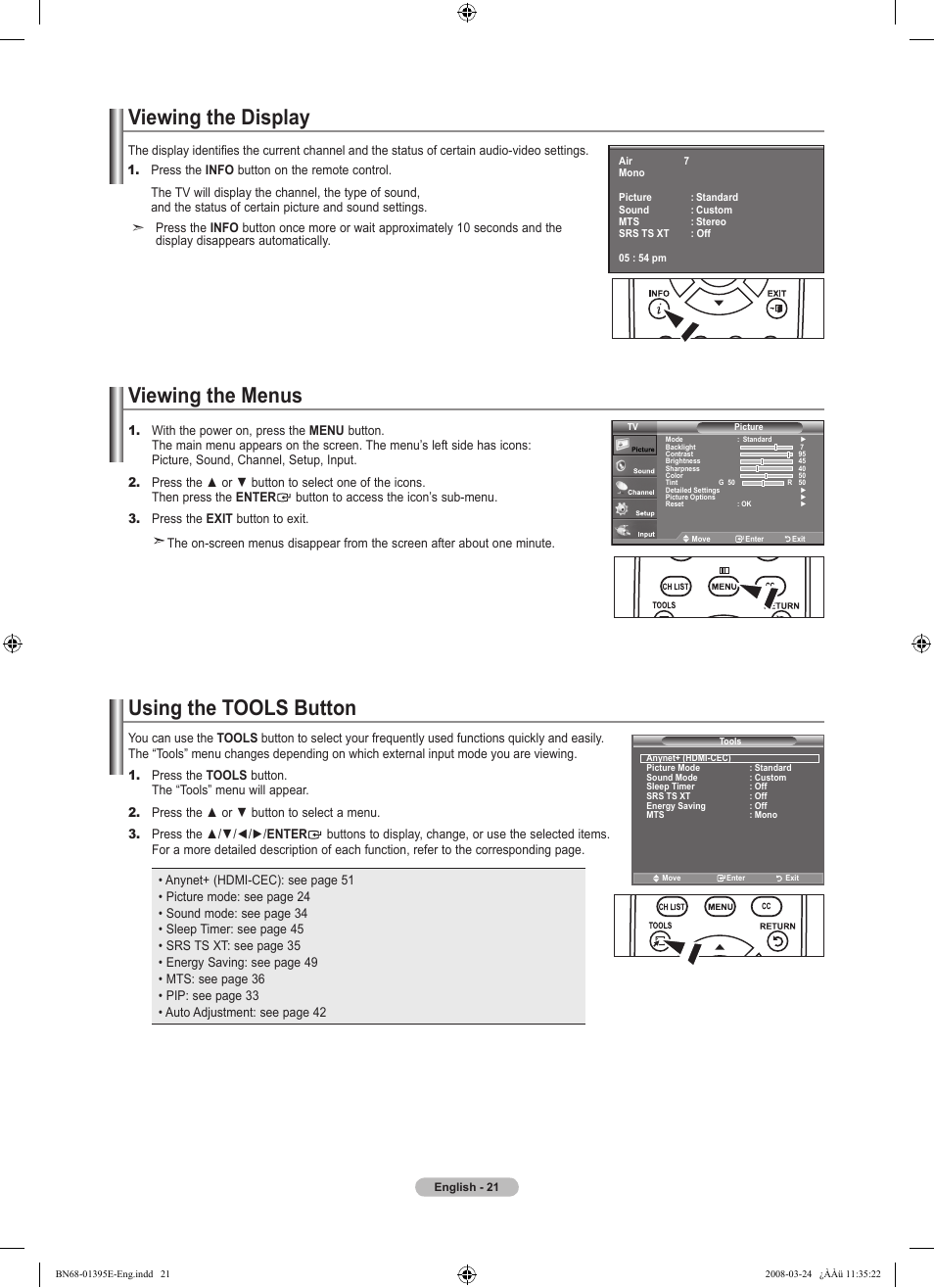 Viewing the display, Viewing the menus, Using the tools button | Samsung LN37A450C1XZP User Manual | Page 23 / 125