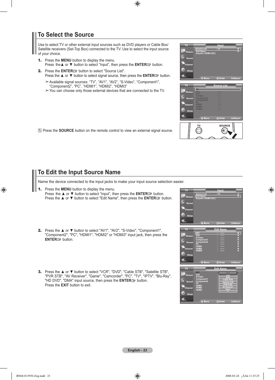 To select the source, To edit the input source name | Samsung LN37A450C1XZP User Manual | Page 25 / 125
