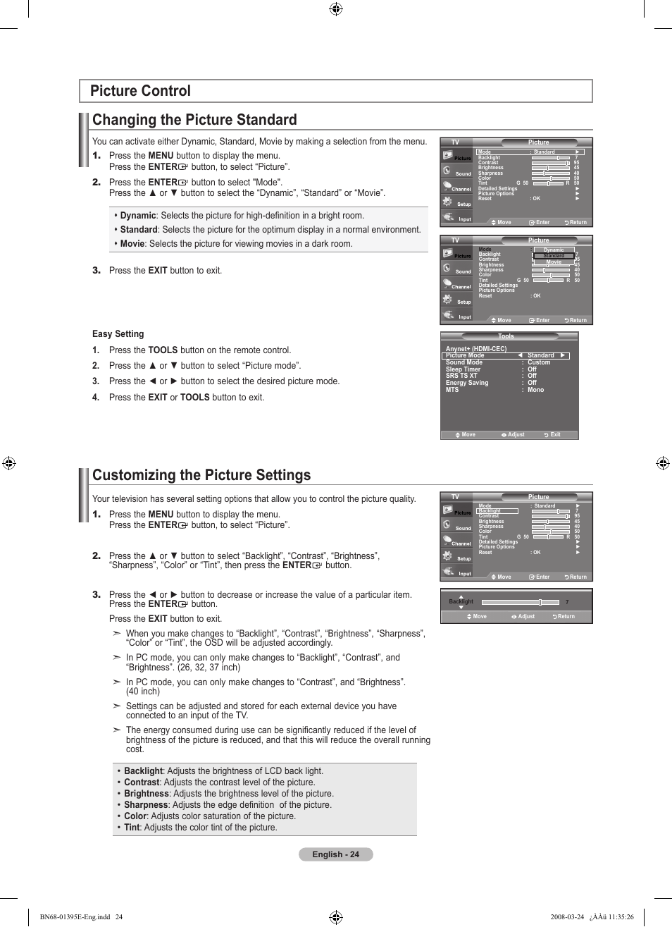 Picture control, Changing the picture standard, Customizing the picture settings | Picture control customizing the picture settings | Samsung LN37A450C1XZP User Manual | Page 26 / 125