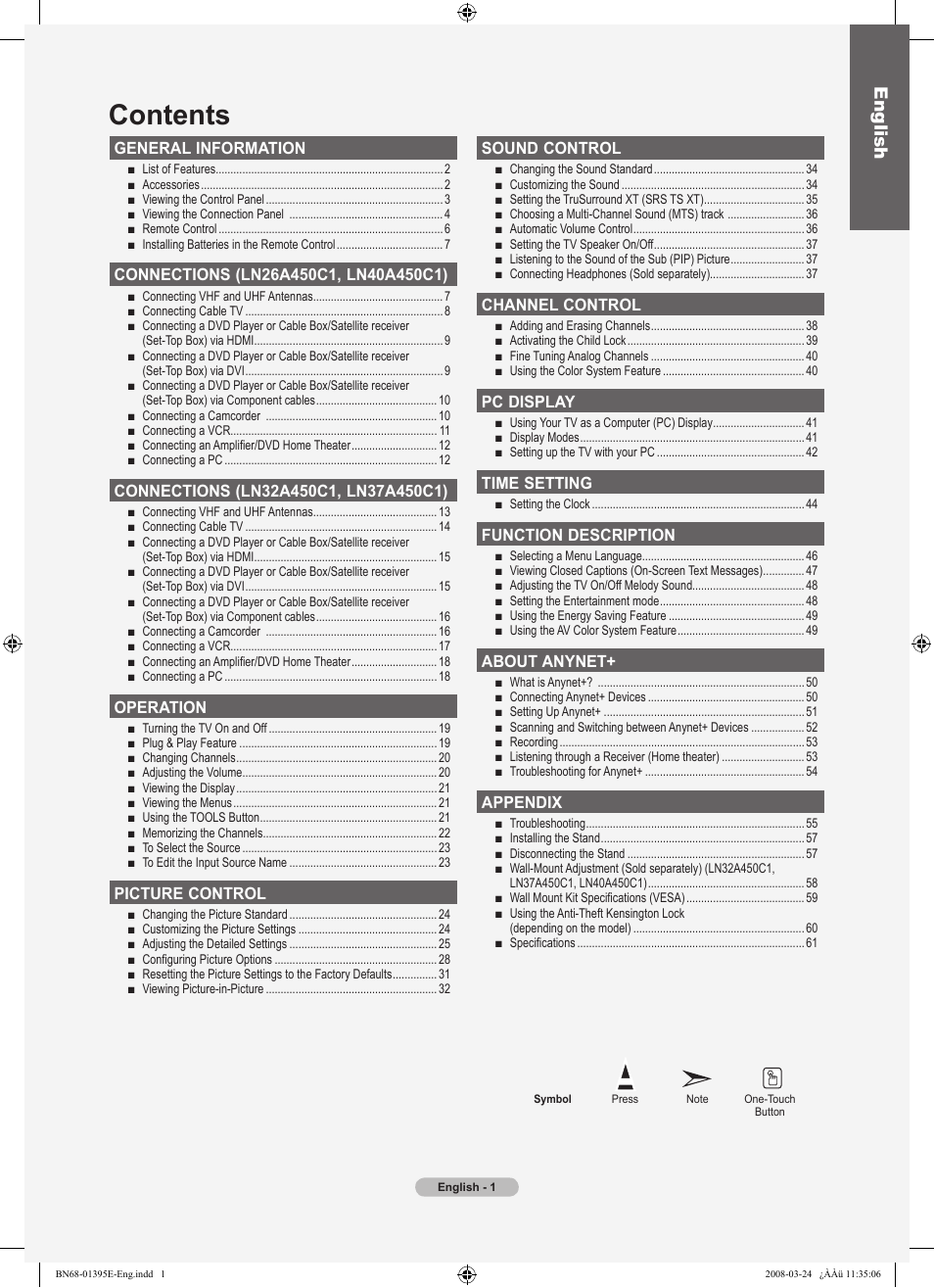 Samsung LN37A450C1XZP User Manual | Page 3 / 125