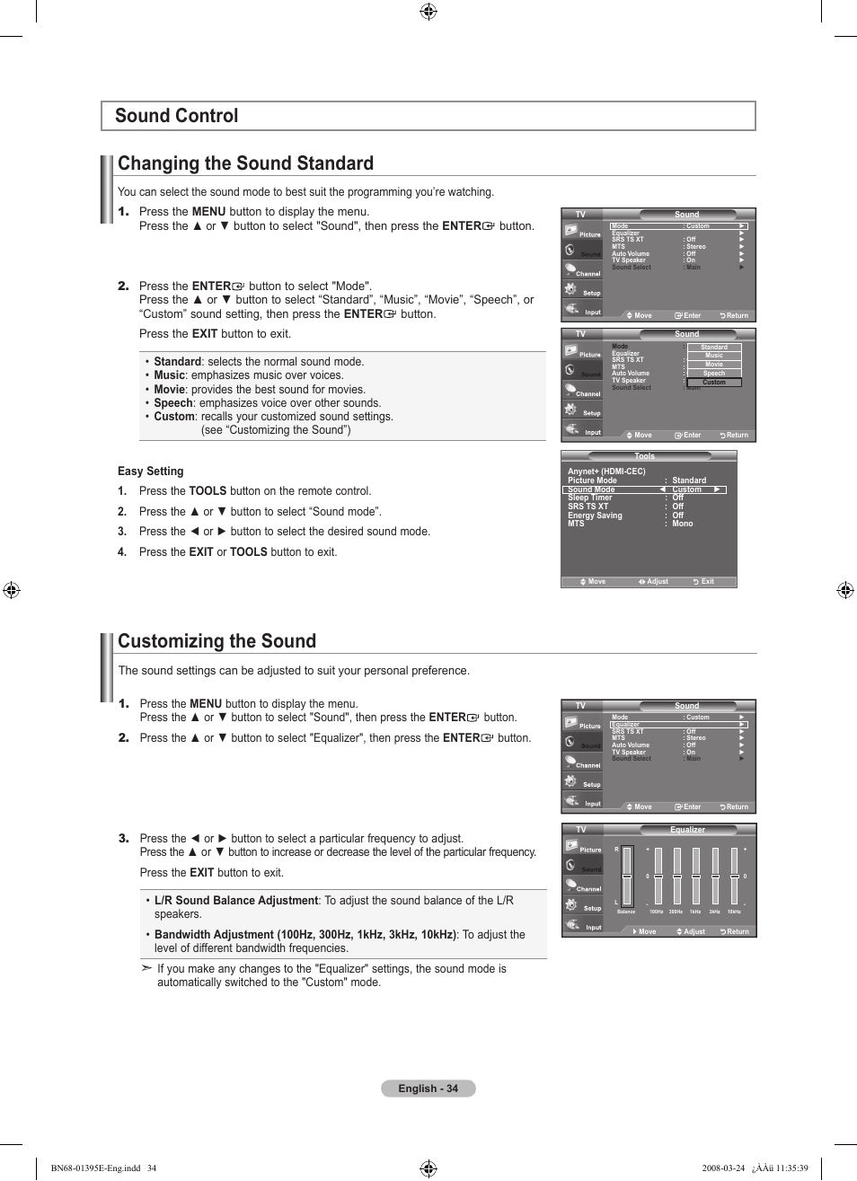 Sound control, Changing the sound standard, Customizing the sound | Samsung LN37A450C1XZP User Manual | Page 36 / 125