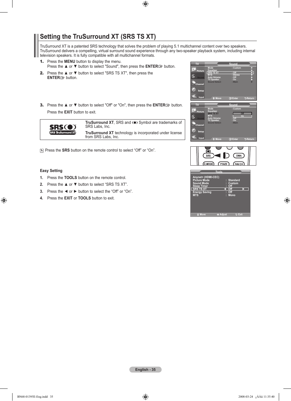 Setting the trusurround xt (srs ts xt) | Samsung LN37A450C1XZP User Manual | Page 37 / 125