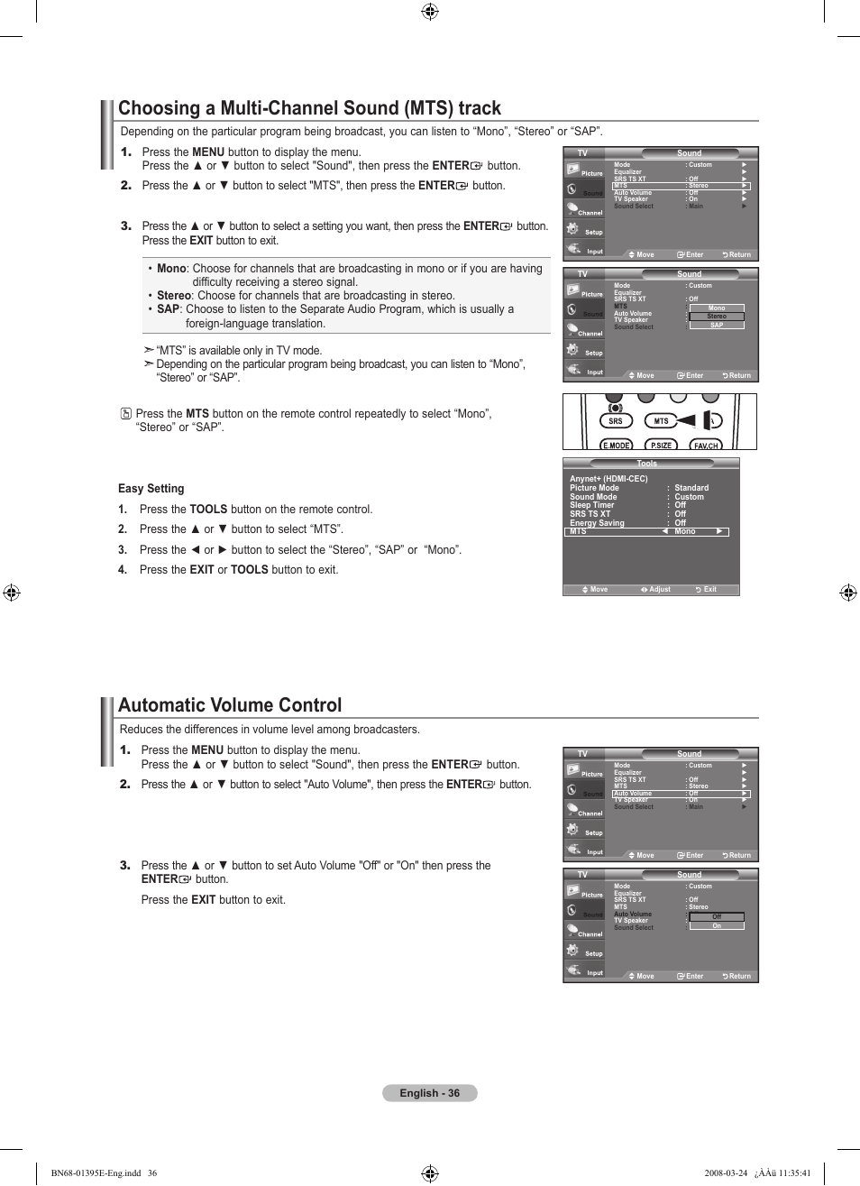 Choosing a multi-channel sound (mts) track, Automatic volume control | Samsung LN37A450C1XZP User Manual | Page 38 / 125