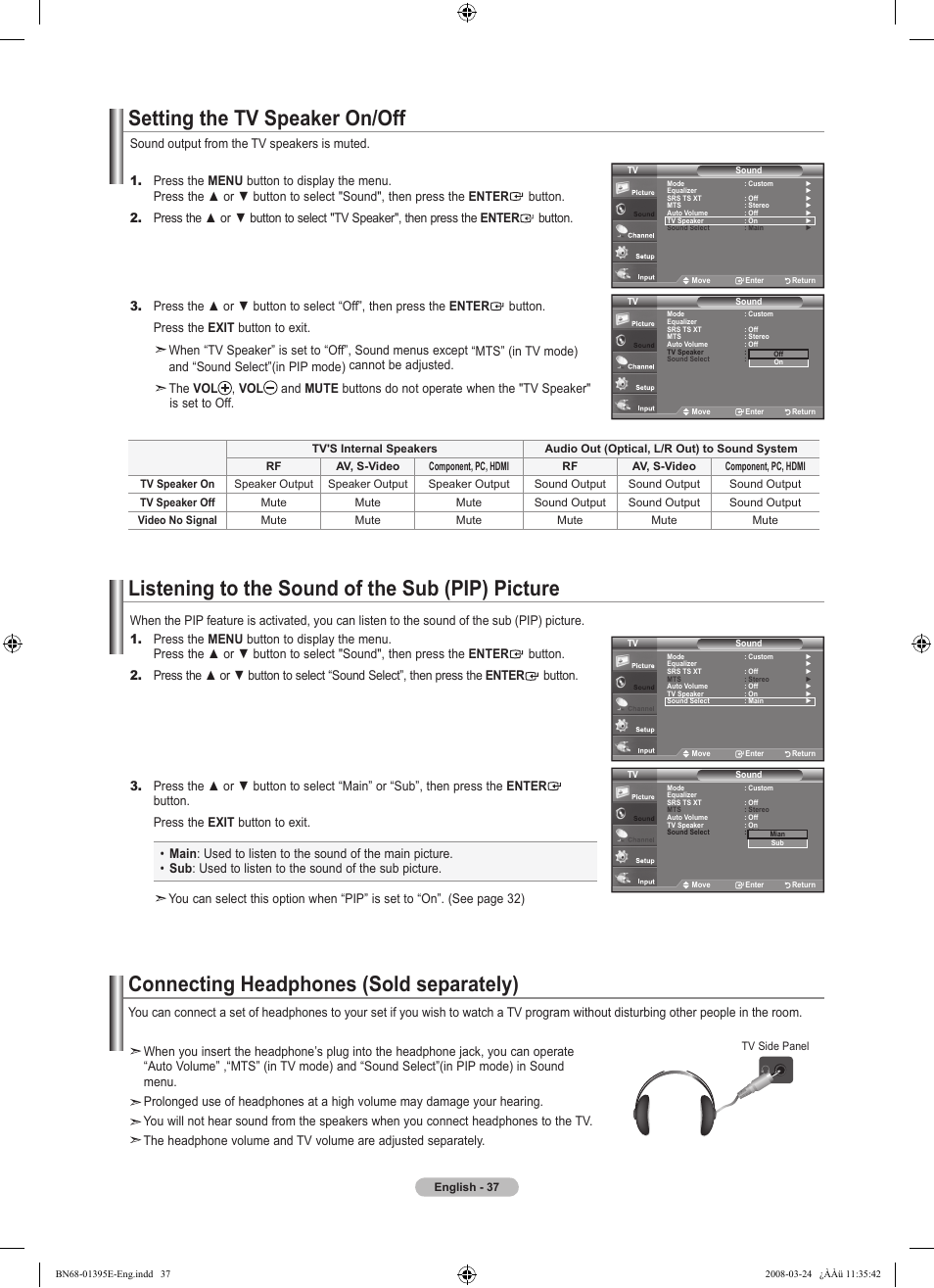 Setting the tv speaker on/off, Listening to the sound of the sub (pip) picture, Connecting headphones (sold separately) | Samsung LN37A450C1XZP User Manual | Page 39 / 125