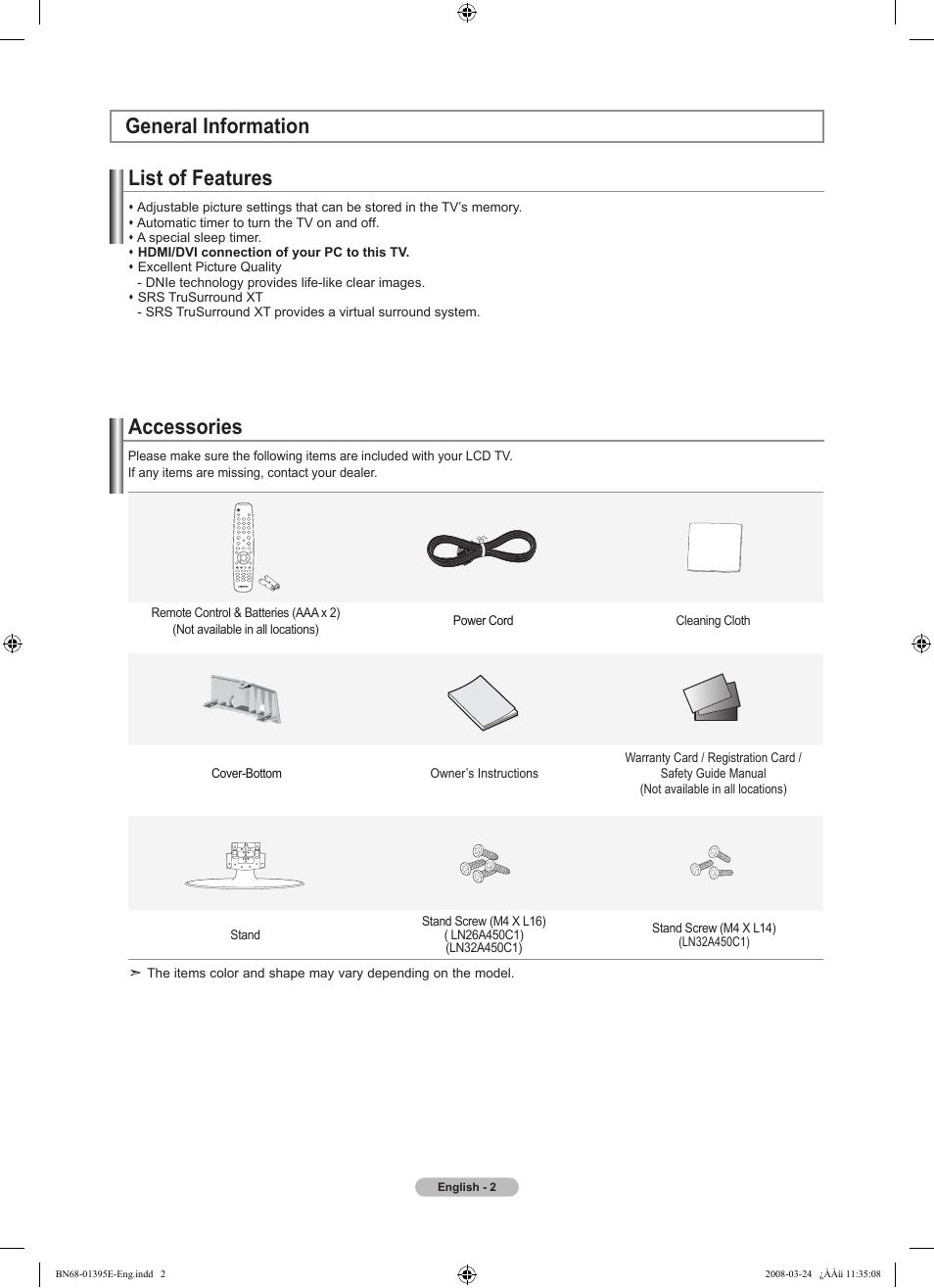 General information, List of features, Accessories | General information list of features | Samsung LN37A450C1XZP User Manual | Page 4 / 125