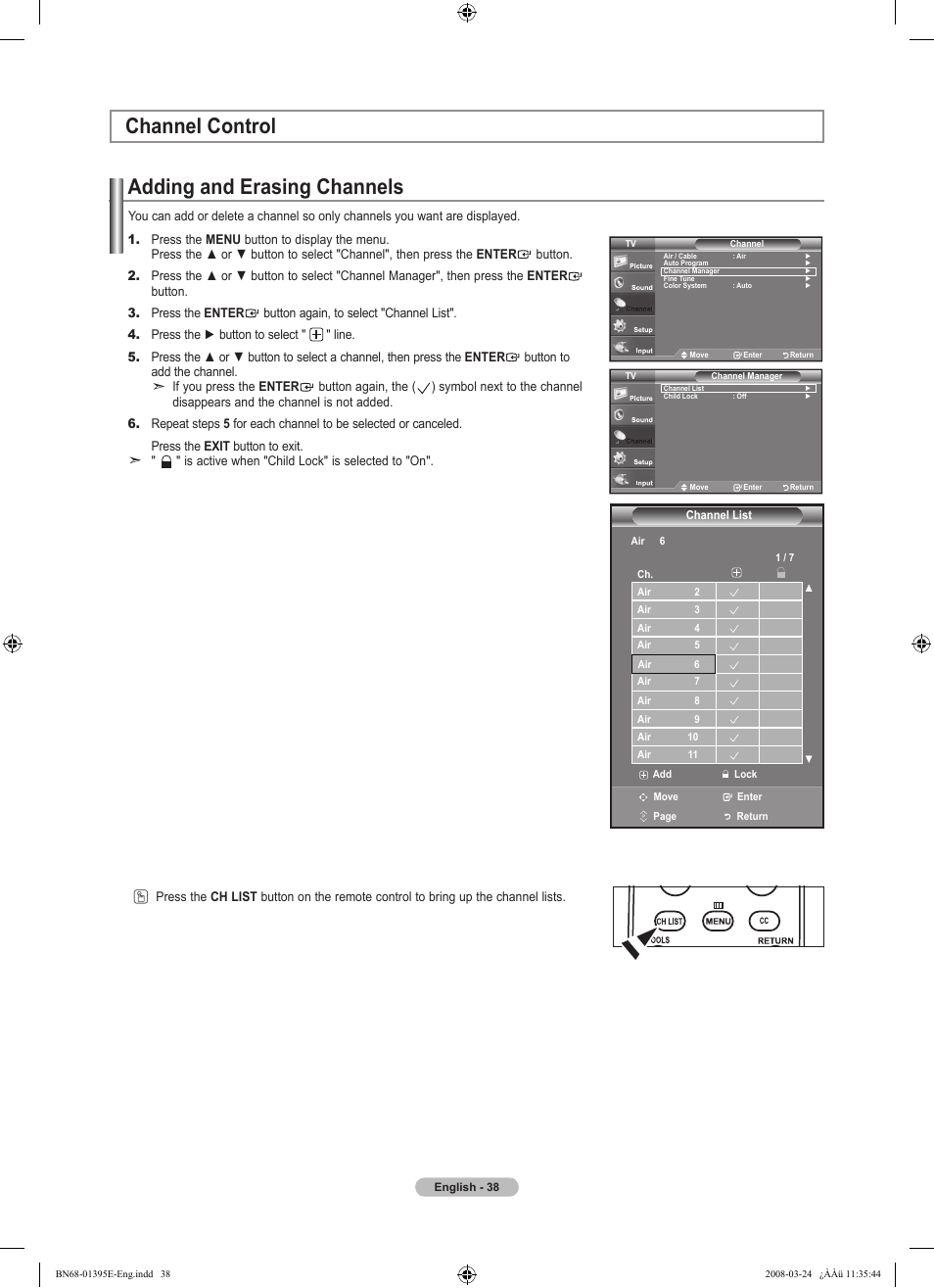 Channel control, Adding and erasing channels, Channel control adding and erasing channels | Samsung LN37A450C1XZP User Manual | Page 40 / 125