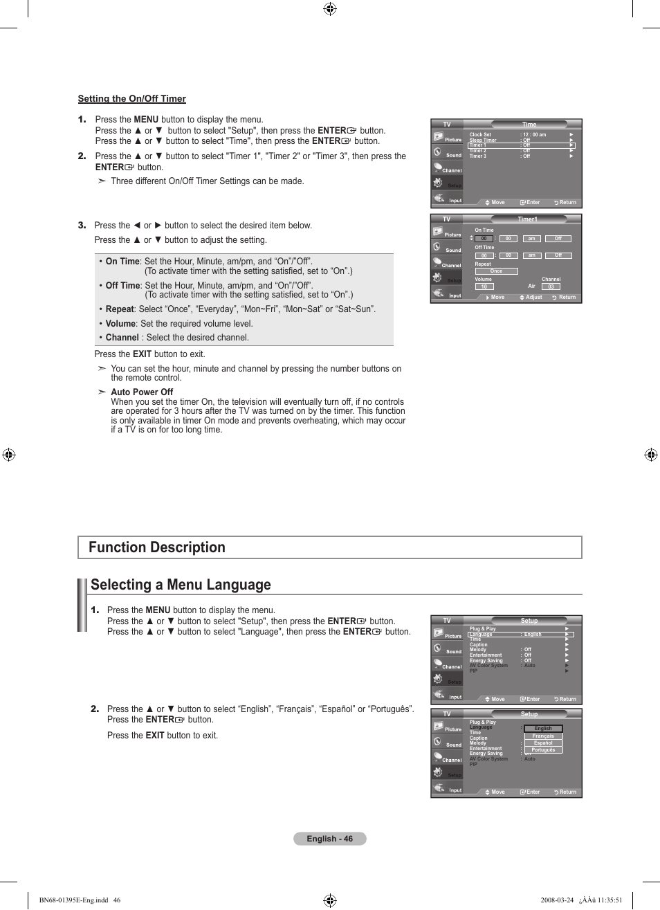 Function description, Selecting a menu language | Samsung LN37A450C1XZP User Manual | Page 48 / 125
