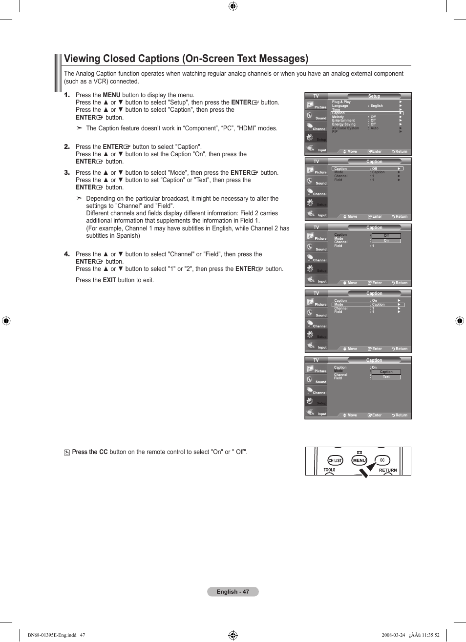 Viewing closed captions (on-screen text messages) | Samsung LN37A450C1XZP User Manual | Page 49 / 125