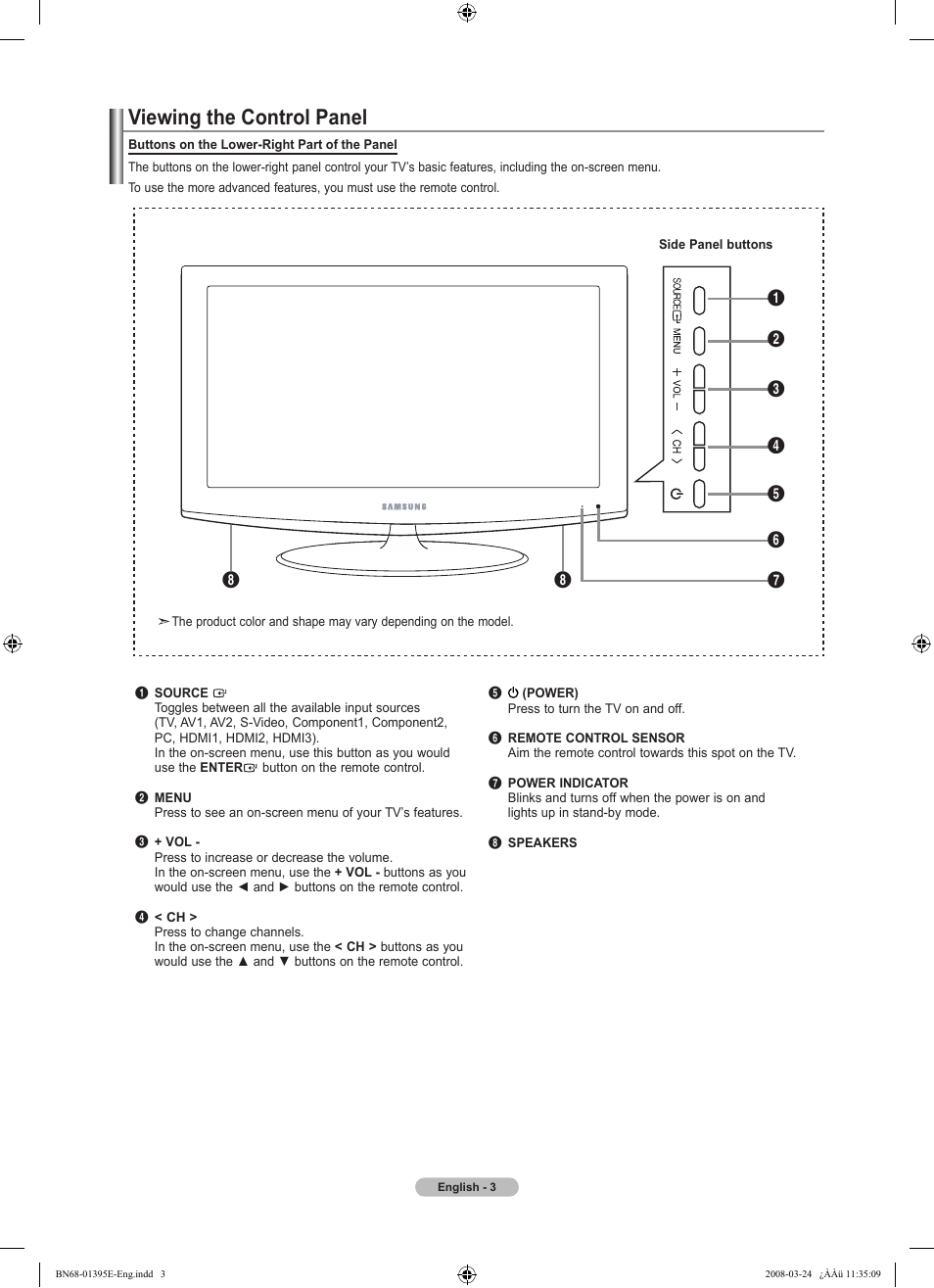 Viewing the control panel | Samsung LN37A450C1XZP User Manual | Page 5 / 125