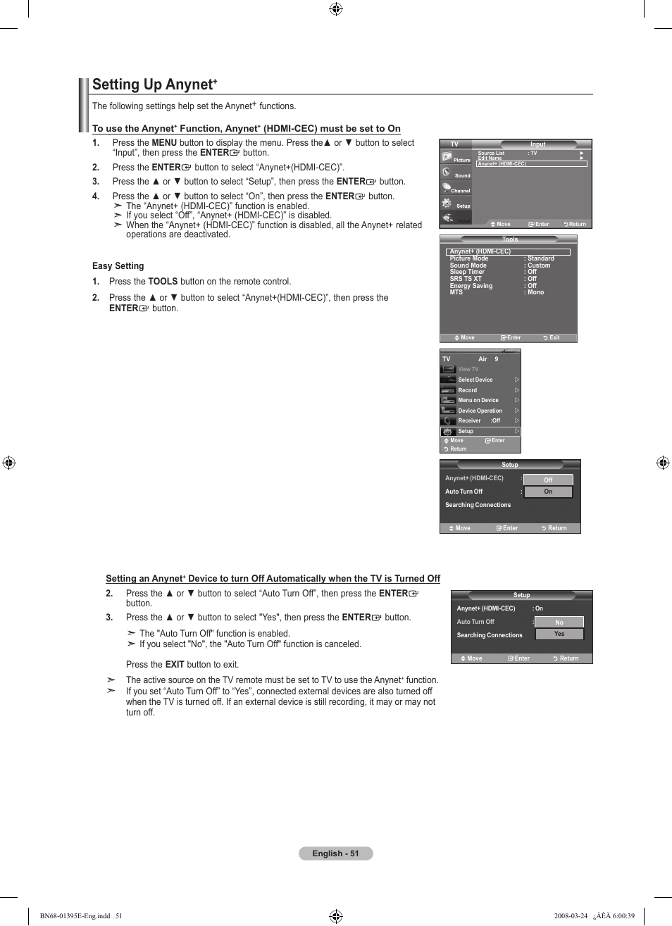Setting up anynet | Samsung LN37A450C1XZP User Manual | Page 53 / 125