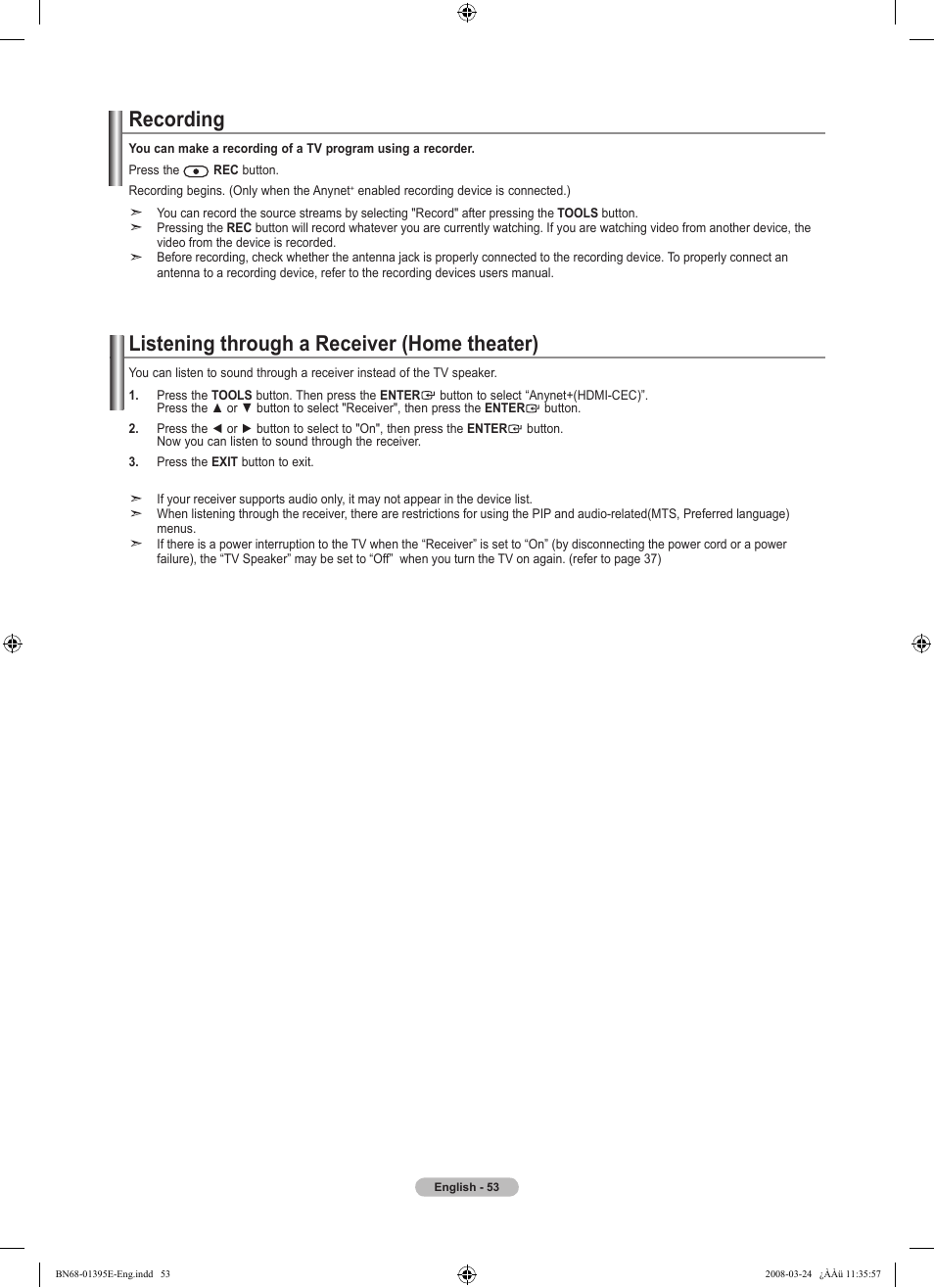 Recording, Listening through a receiver (home theater) | Samsung LN37A450C1XZP User Manual | Page 55 / 125
