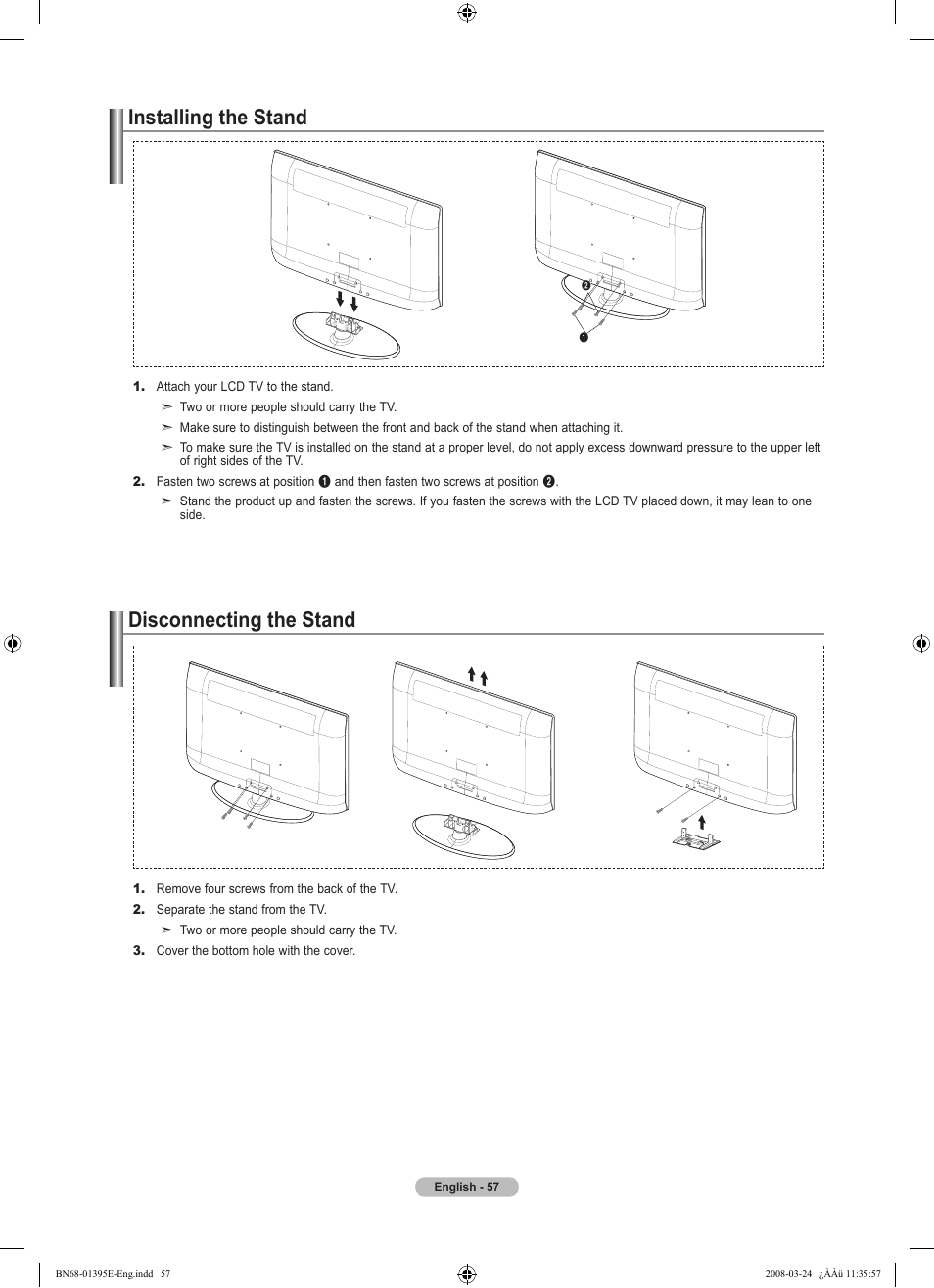 Installing the stand, Disconnecting the stand, Installing the stand disconnecting the stand | Samsung LN37A450C1XZP User Manual | Page 59 / 125