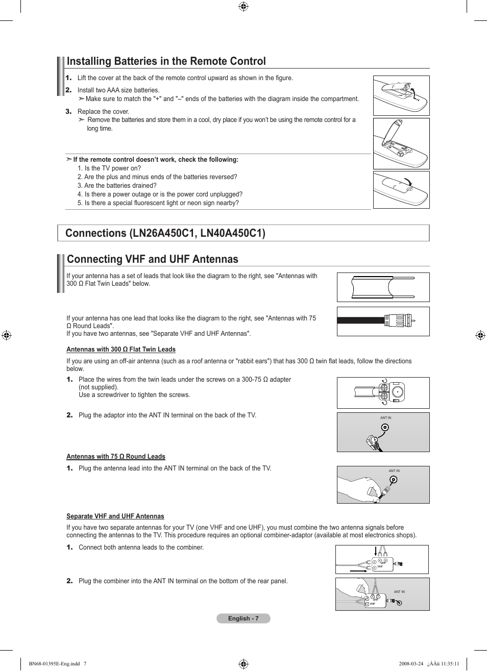 Installing batteries in the remote control, Connections (ln26a450c1, ln40a450c1), Connecting vhf and uhf antennas | Samsung LN37A450C1XZP User Manual | Page 9 / 125