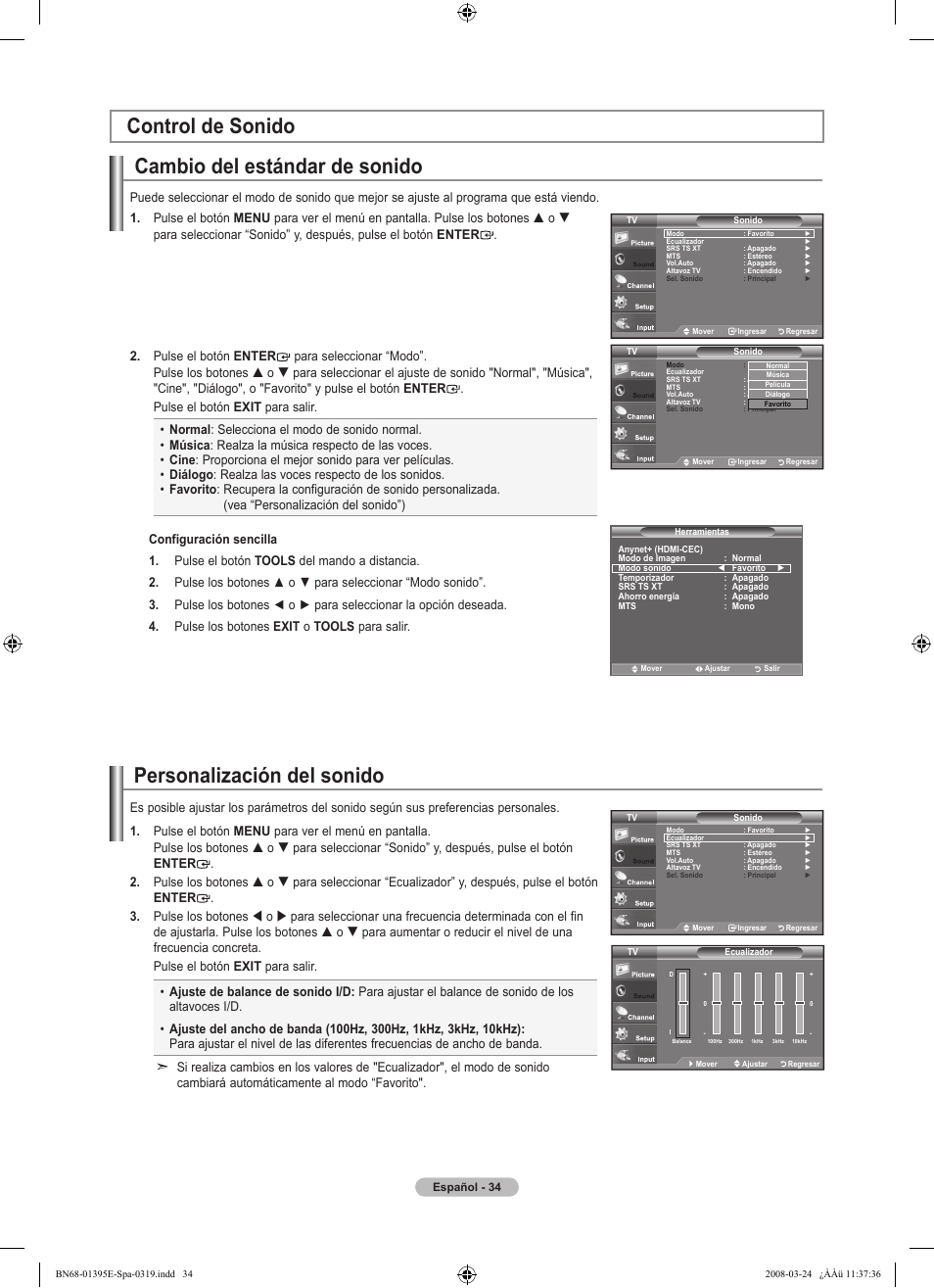 Personalización del sonido, Cambio del estándar de sonido, Control de sonido | Samsung LN37A450C1XZP User Manual | Page 98 / 125