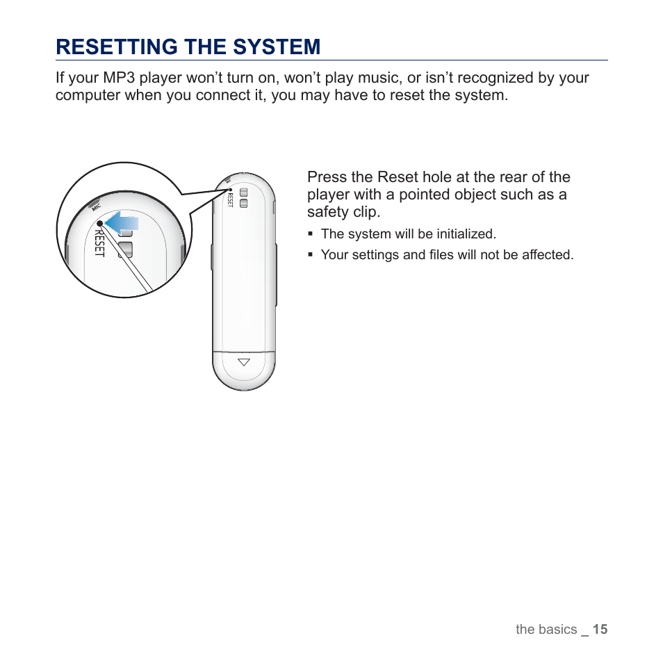 Resetting the system | Samsung YP-U5JQR-XAA User Manual | Page 15 / 68