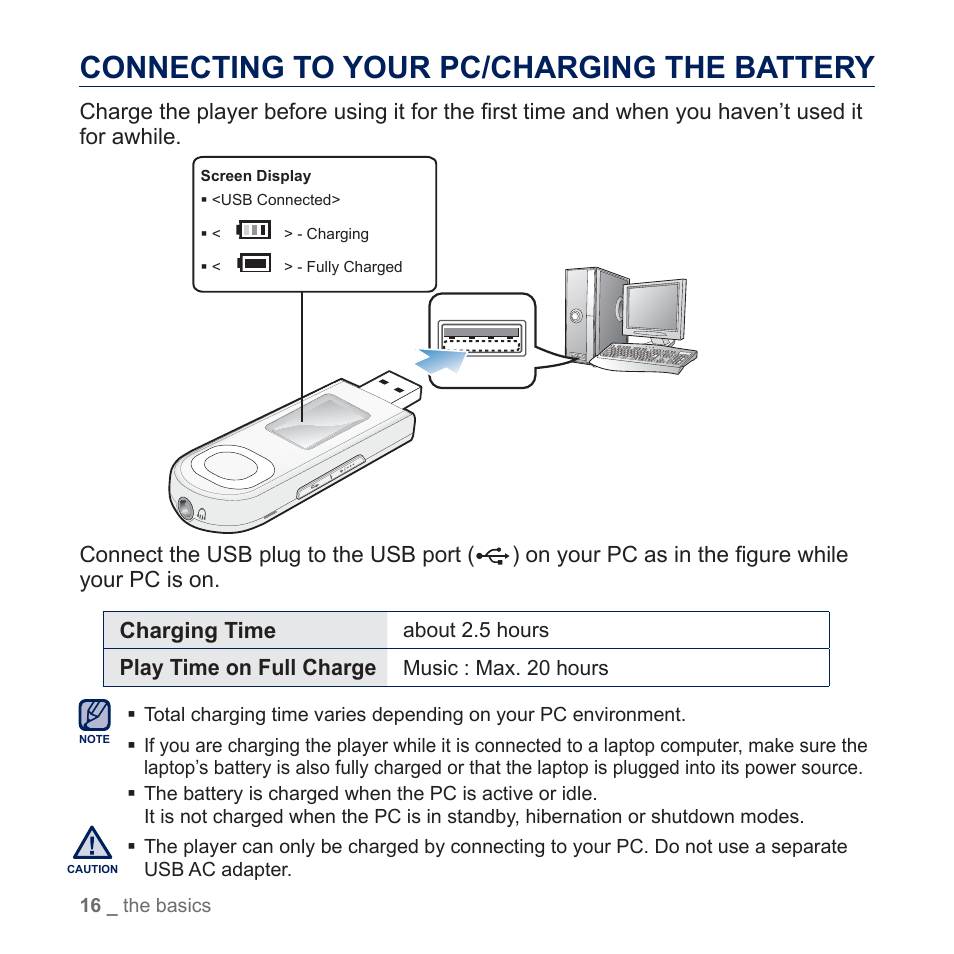 Connecting to your pc/charging the battery, Play time on full charge | Samsung YP-U5JQR-XAA User Manual | Page 16 / 68