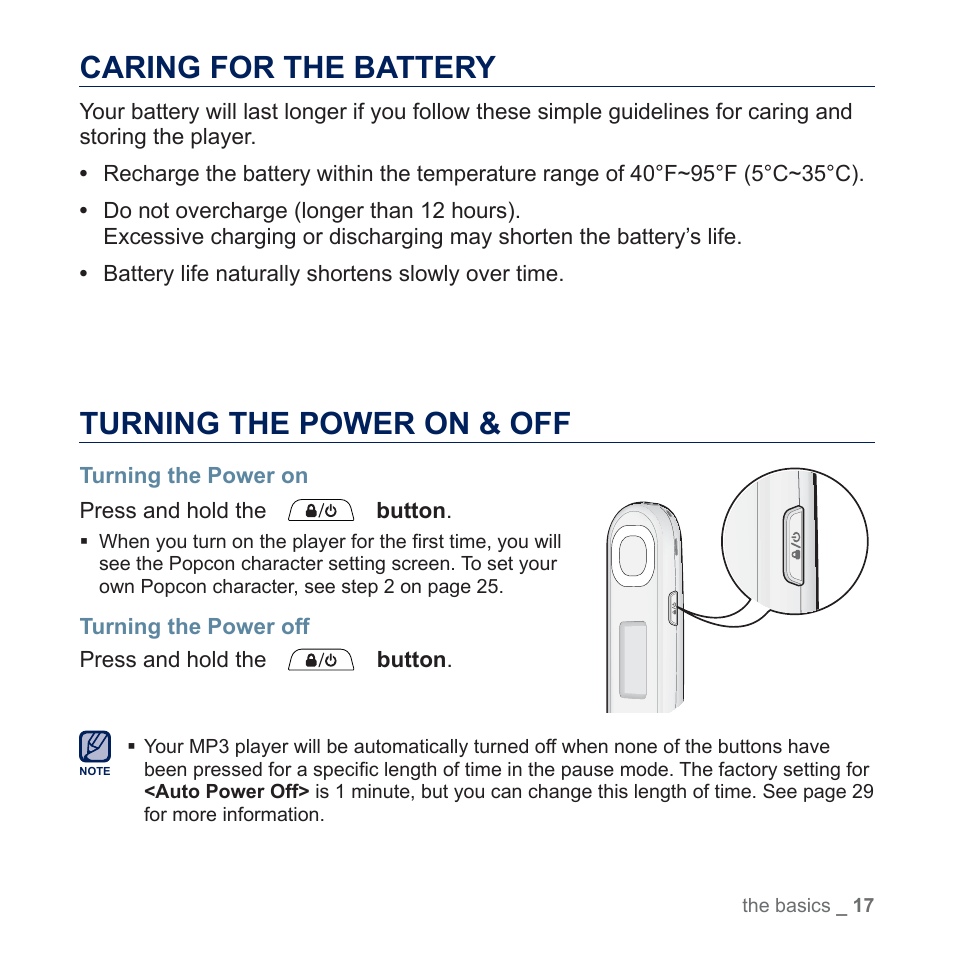 Caring for the battery, Turning the power on & off | Samsung YP-U5JQR-XAA User Manual | Page 17 / 68