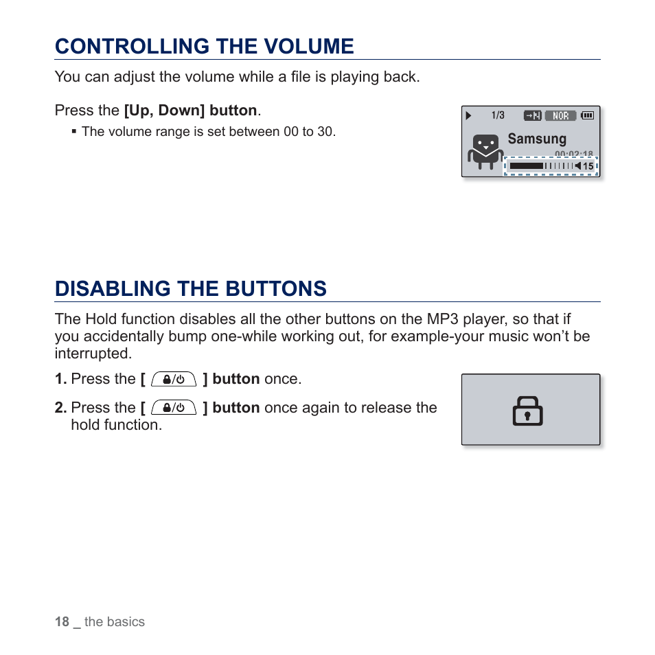 Controlling the volume, Disabling the buttons | Samsung YP-U5JQR-XAA User Manual | Page 18 / 68