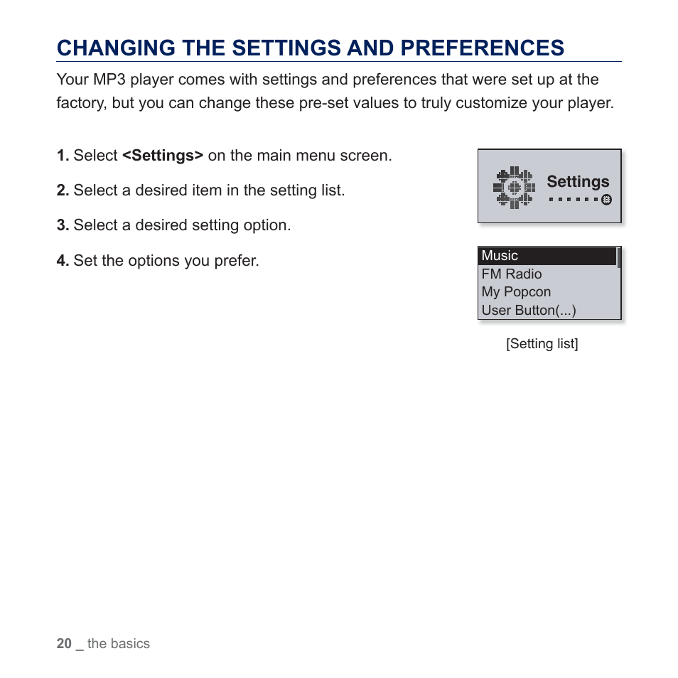 Changing the settings and preferences | Samsung YP-U5JQR-XAA User Manual | Page 20 / 68