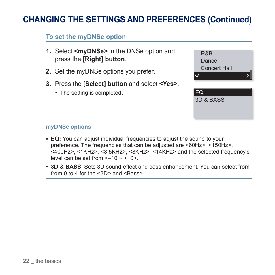 Changing the settings and preferences (continued) | Samsung YP-U5JQR-XAA User Manual | Page 22 / 68