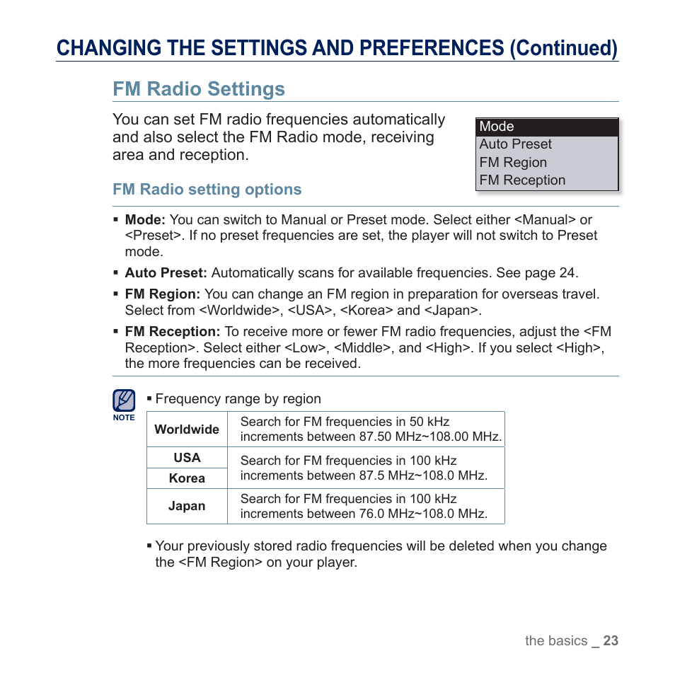 Fm radio settings, Changing the settings and preferences (continued) | Samsung YP-U5JQR-XAA User Manual | Page 23 / 68