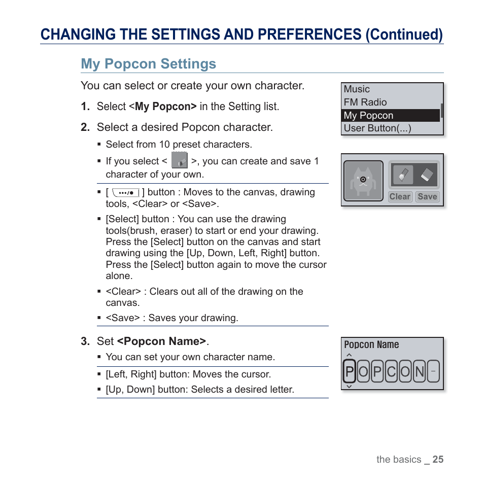 My popcon settings, Changing the settings and preferences (continued) | Samsung YP-U5JQR-XAA User Manual | Page 25 / 68