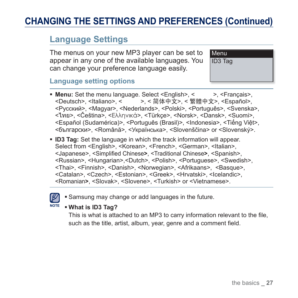 Language settings, Changing the settings and preferences (continued) | Samsung YP-U5JQR-XAA User Manual | Page 27 / 68