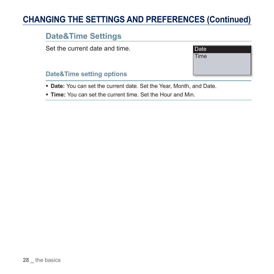 Date&time settings, Changing the settings and preferences (continued) | Samsung YP-U5JQR-XAA User Manual | Page 28 / 68