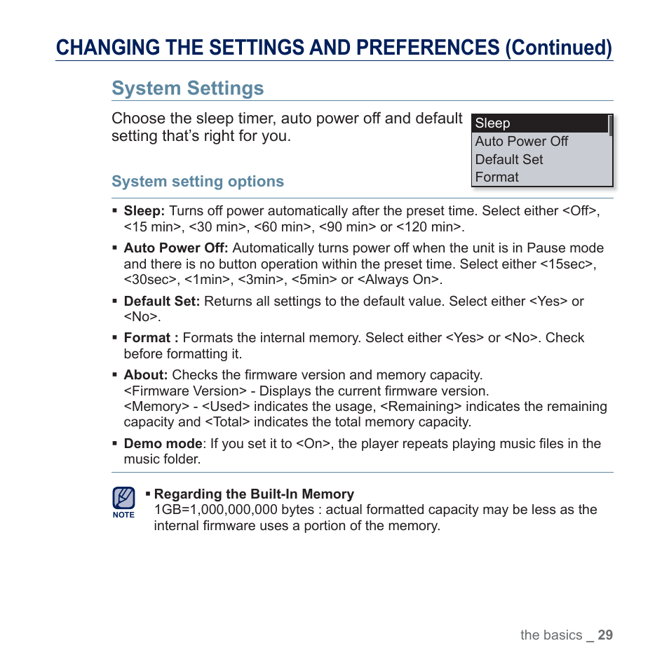 System settings, Changing the settings and preferences (continued) | Samsung YP-U5JQR-XAA User Manual | Page 29 / 68