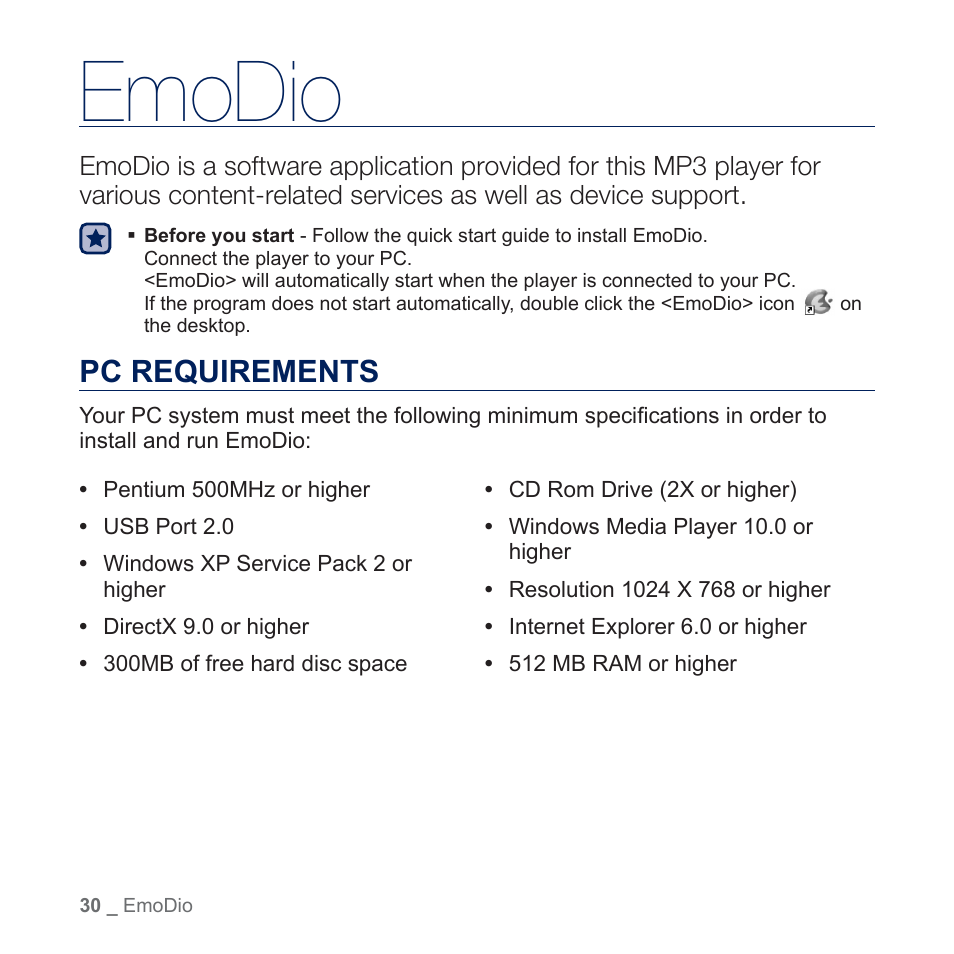 Emodio, Pc requirements | Samsung YP-U5JQR-XAA User Manual | Page 30 / 68