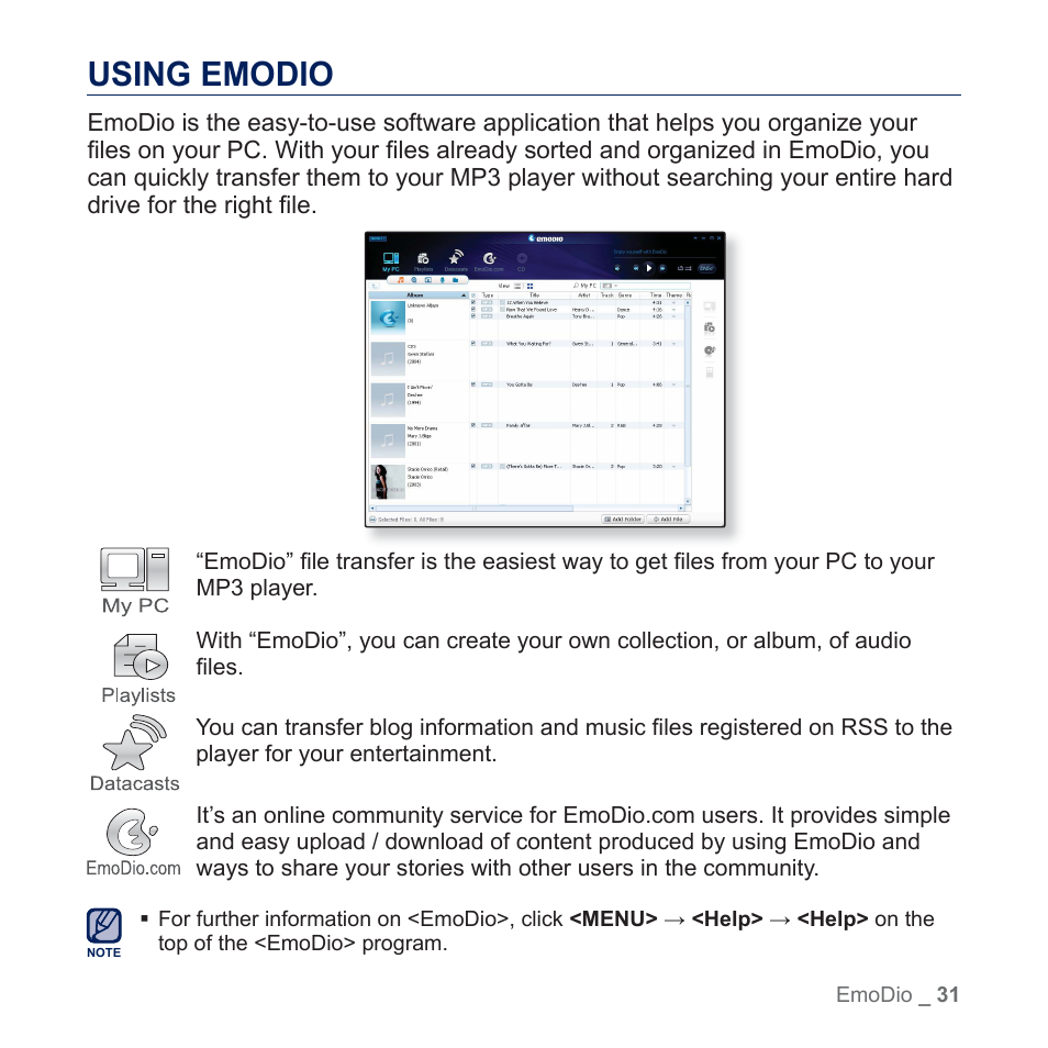 Using emodio | Samsung YP-U5JQR-XAA User Manual | Page 31 / 68