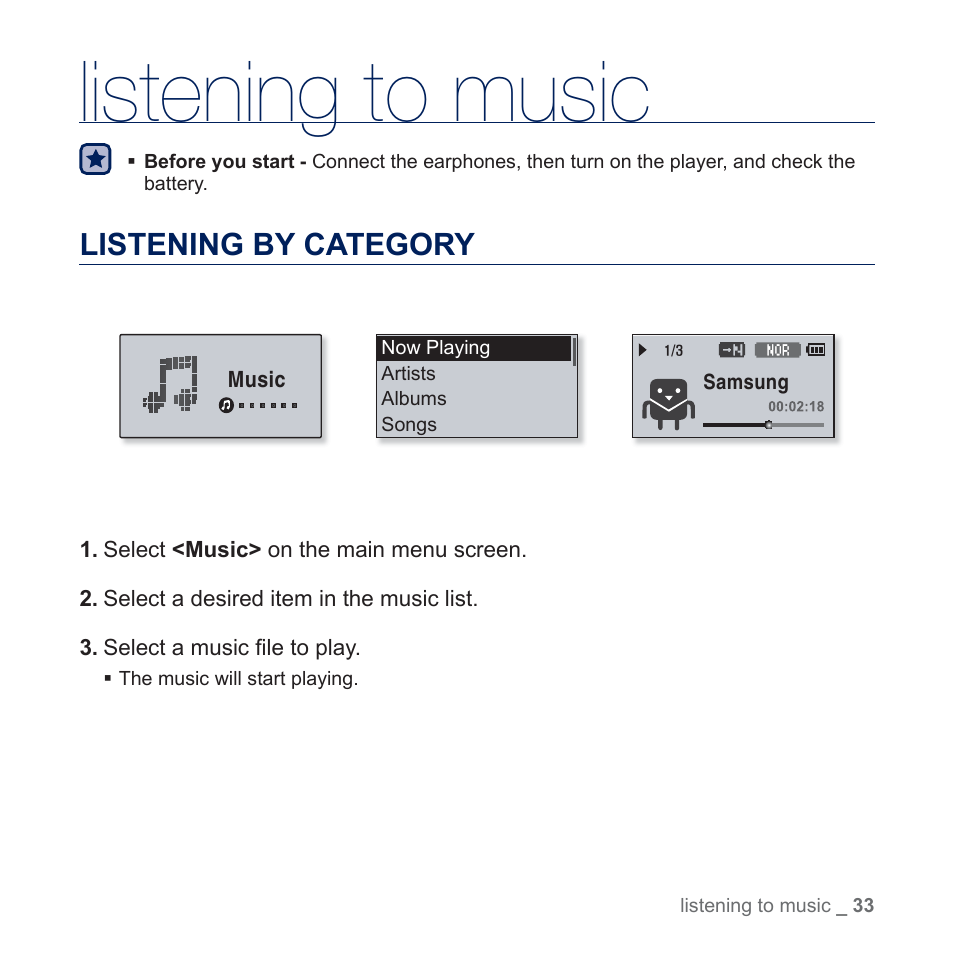 Listening to music, Listening by category | Samsung YP-U5JQR-XAA User Manual | Page 33 / 68