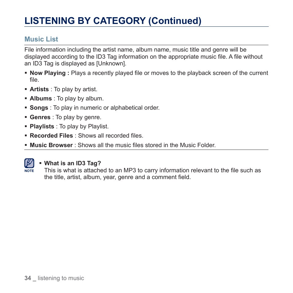 Listening by category (continued) | Samsung YP-U5JQR-XAA User Manual | Page 34 / 68