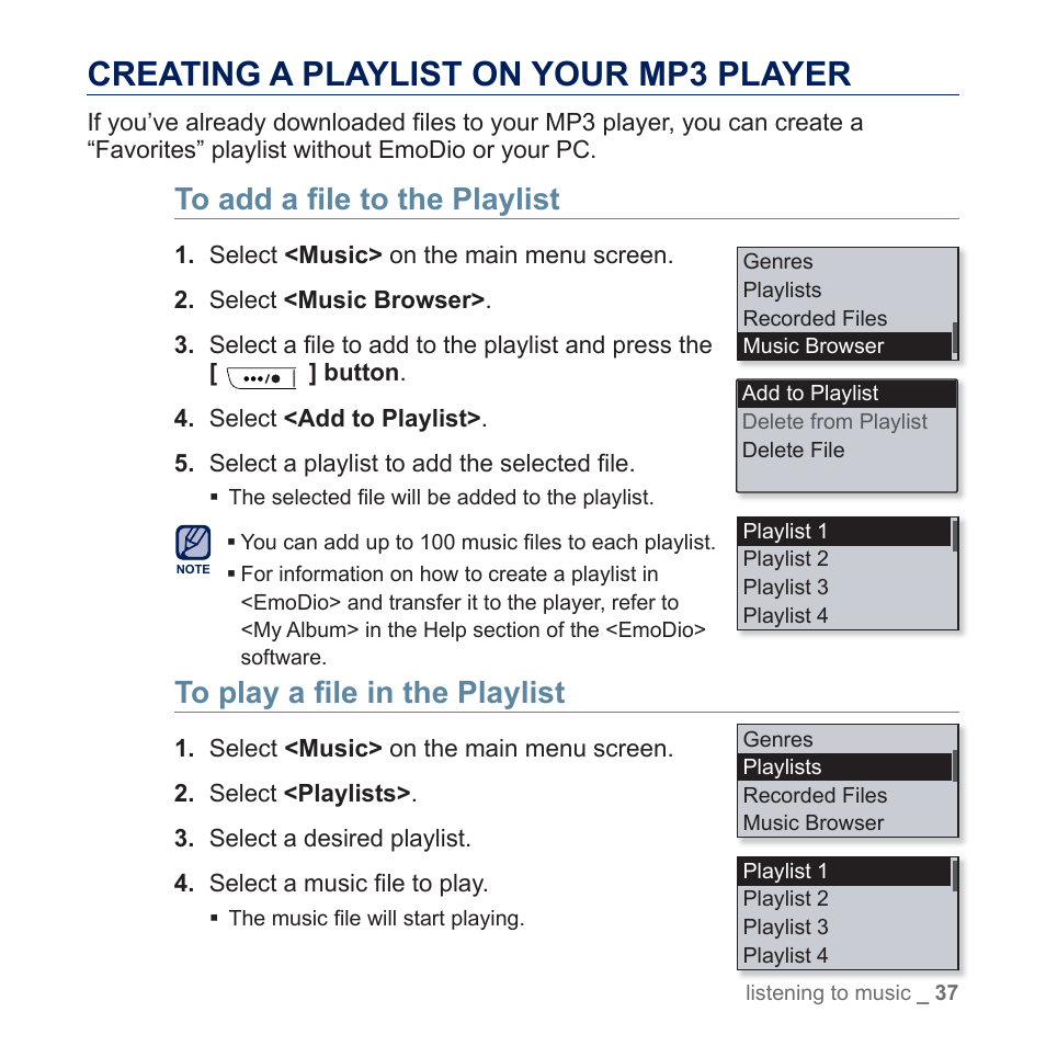 Creating a playlist on your mp3 player | Samsung YP-U5JQR-XAA User Manual | Page 37 / 68