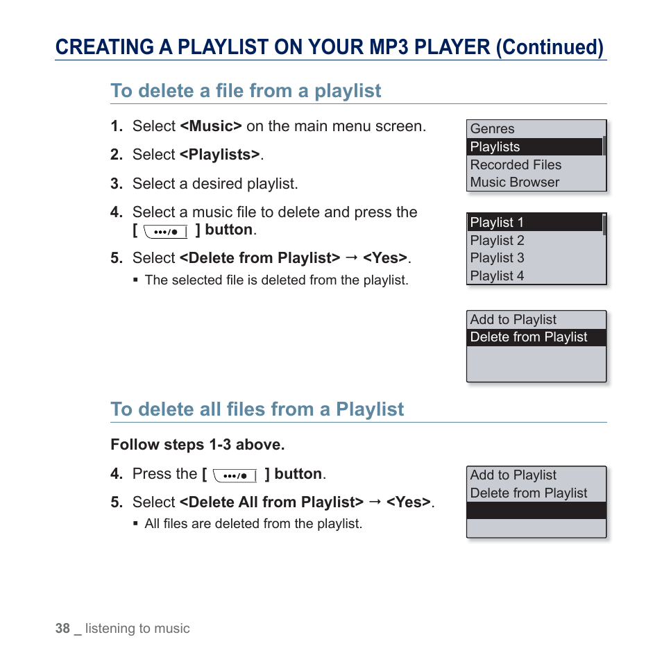 Creating a playlist on your mp3 player (continued) | Samsung YP-U5JQR-XAA User Manual | Page 38 / 68