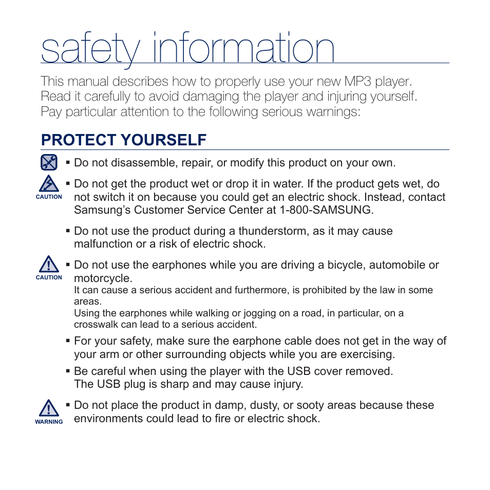 Safety information, Protect yourself | Samsung YP-U5JQR-XAA User Manual | Page 4 / 68