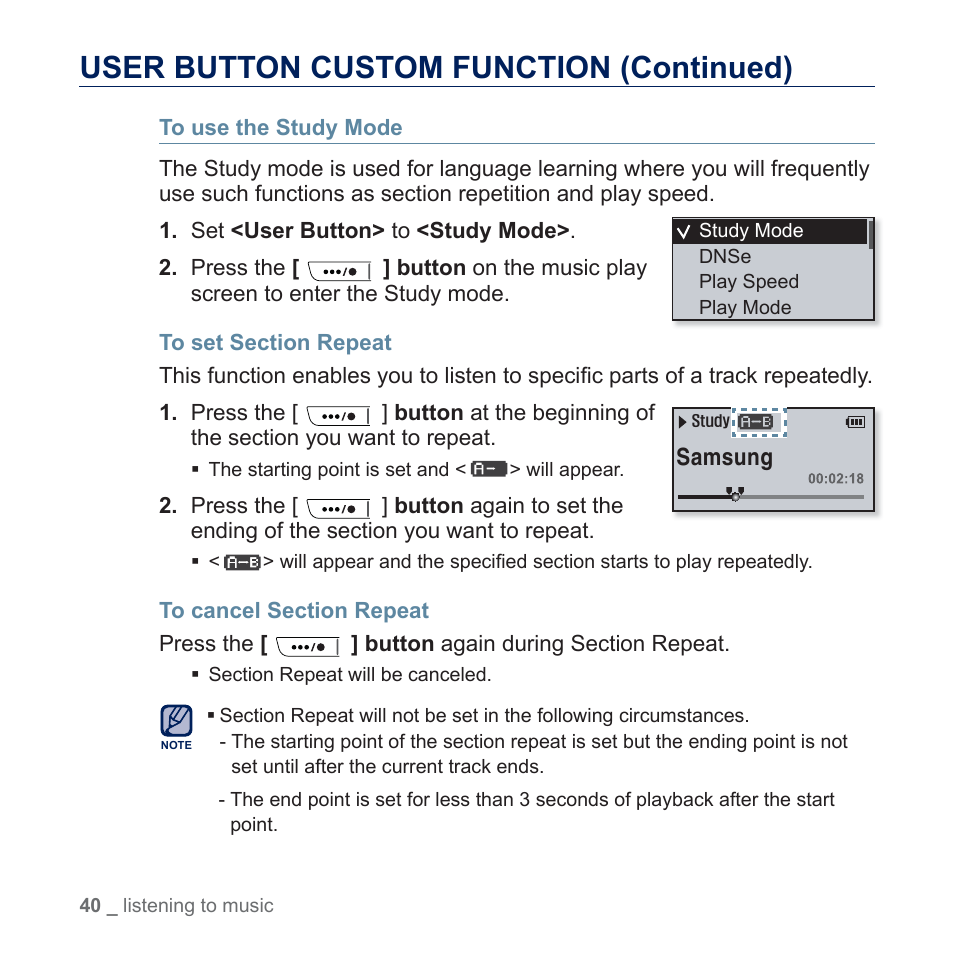 User button custom function (continued) | Samsung YP-U5JQR-XAA User Manual | Page 40 / 68
