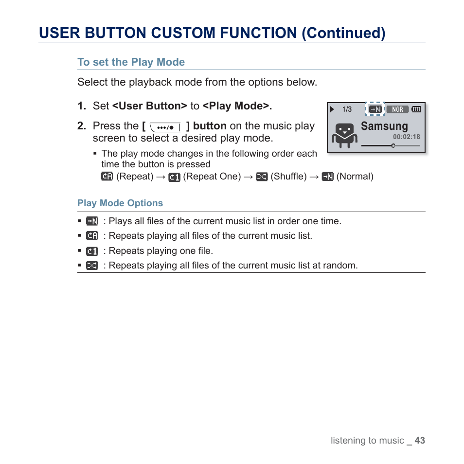 User button custom function (continued) | Samsung YP-U5JQR-XAA User Manual | Page 43 / 68
