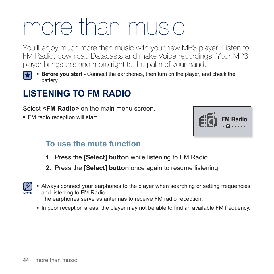 More than music, Listening to fm radio | Samsung YP-U5JQR-XAA User Manual | Page 44 / 68