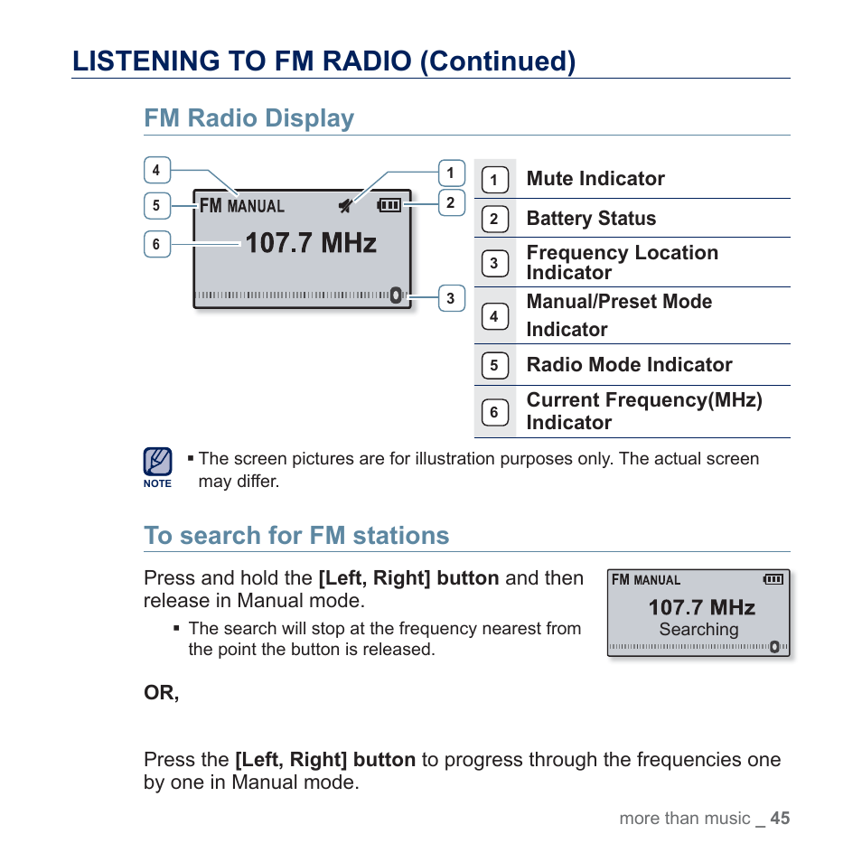 Listening to fm radio (continued), Fm radio display | Samsung YP-U5JQR-XAA User Manual | Page 45 / 68