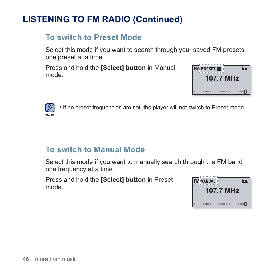 Listening to fm radio (continued) | Samsung YP-U5JQR-XAA User Manual | Page 46 / 68