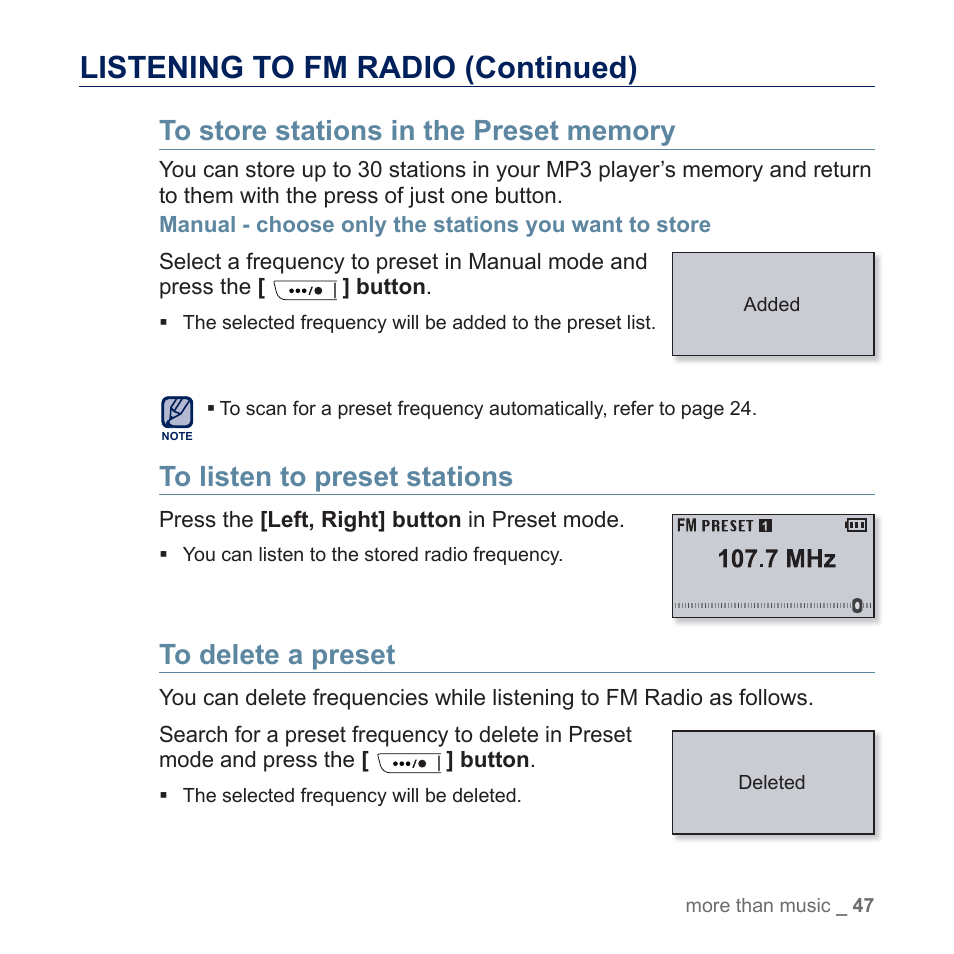 Listening to fm radio (continued) | Samsung YP-U5JQR-XAA User Manual | Page 47 / 68