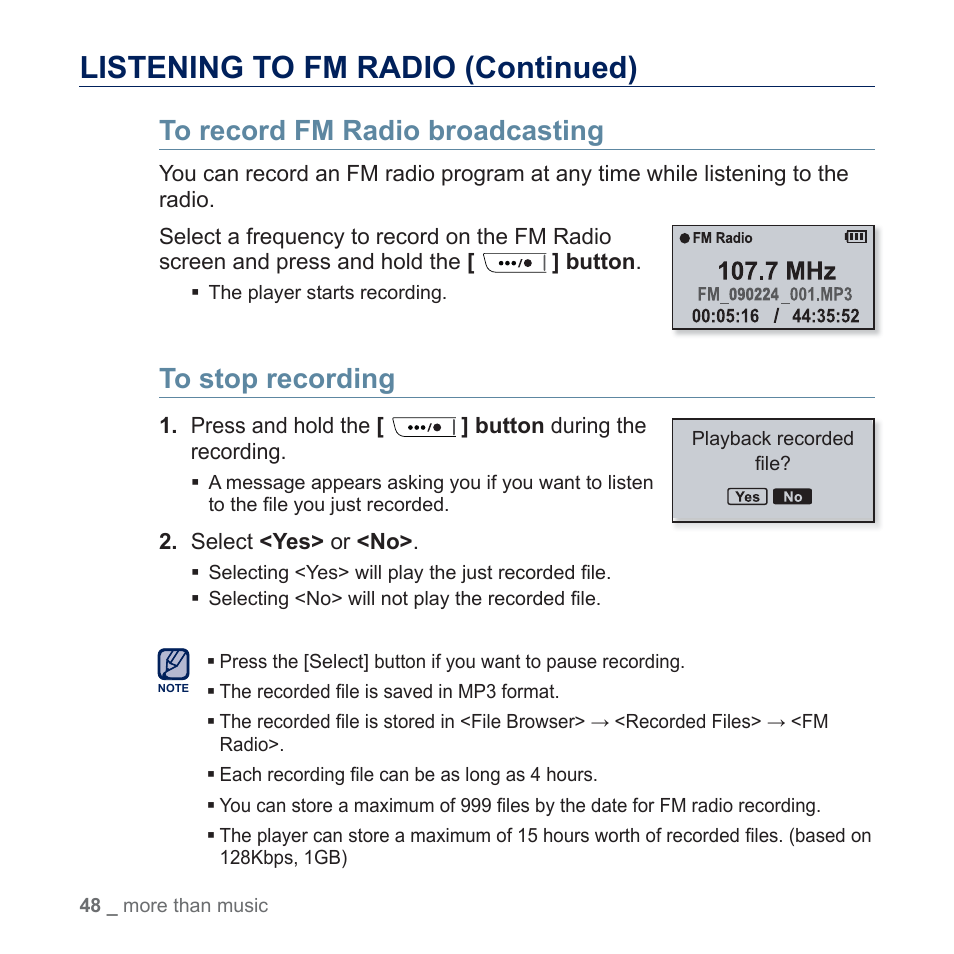 Listening to fm radio (continued) | Samsung YP-U5JQR-XAA User Manual | Page 48 / 68