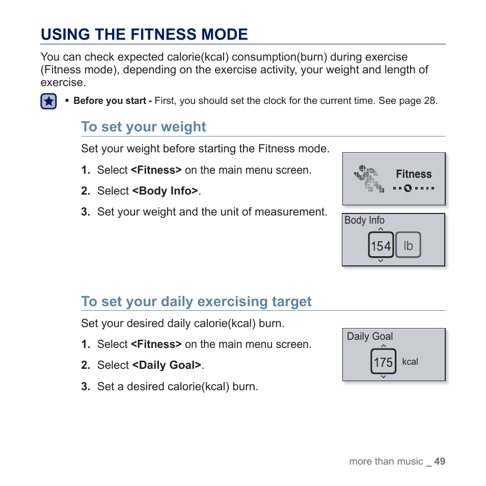 Using the fitness mode, To set your weight, To set your daily exercising target | Samsung YP-U5JQR-XAA User Manual | Page 49 / 68