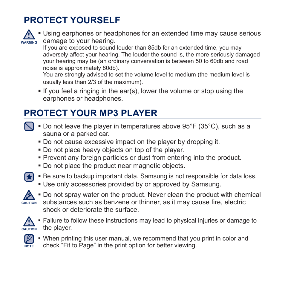 Protect yourself, Protect your mp3 player | Samsung YP-U5JQR-XAA User Manual | Page 5 / 68