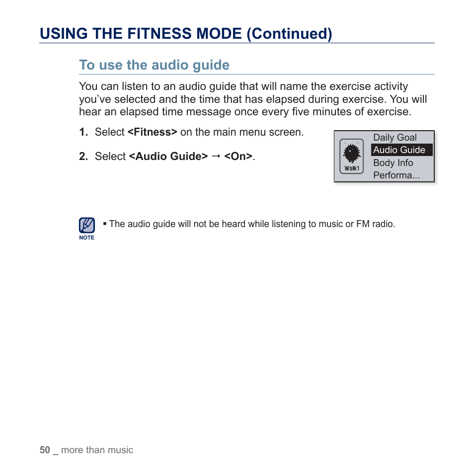 To use the audio guide, Using the fitness mode (continued) | Samsung YP-U5JQR-XAA User Manual | Page 50 / 68