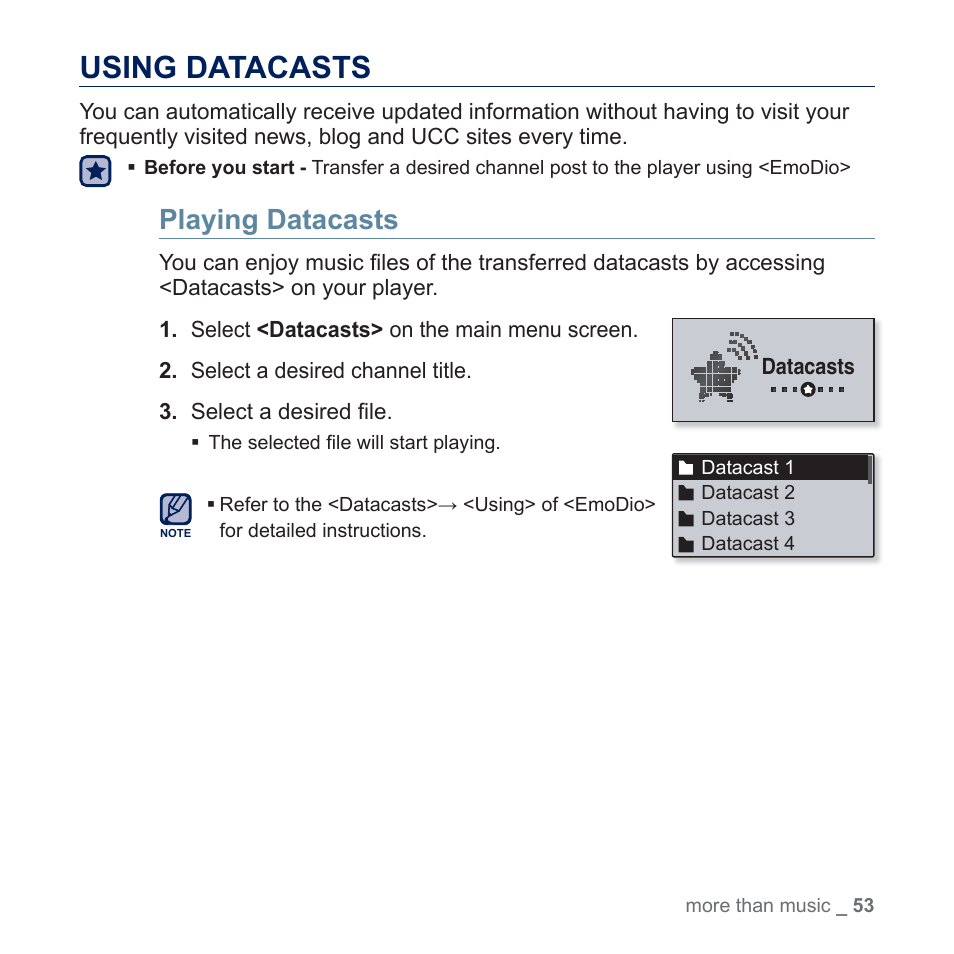 Using datacasts, Playing datacasts | Samsung YP-U5JQR-XAA User Manual | Page 53 / 68